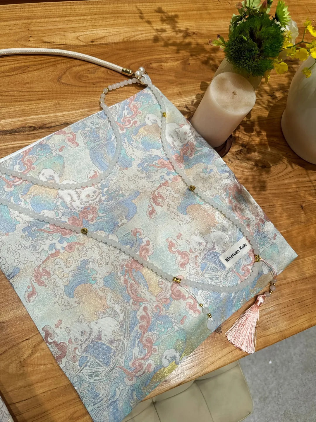 [Chinoiserie] White Cat Beaded Tassel Silk Bag