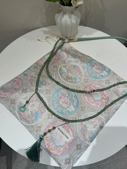 [Chinoiserie] Pink Flower Crane Beaded Tassel Silk Bag