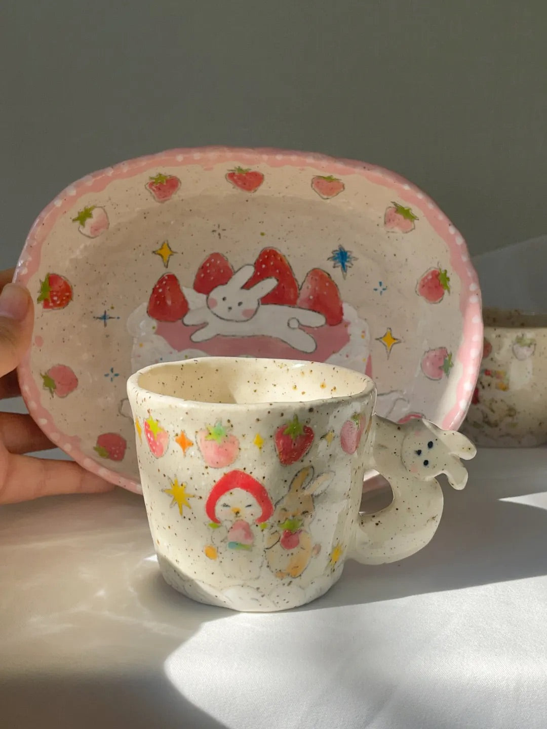 Strawberry Bunny Hand-Painted Ceramic Plate | Mug/Cup | Three Fleas