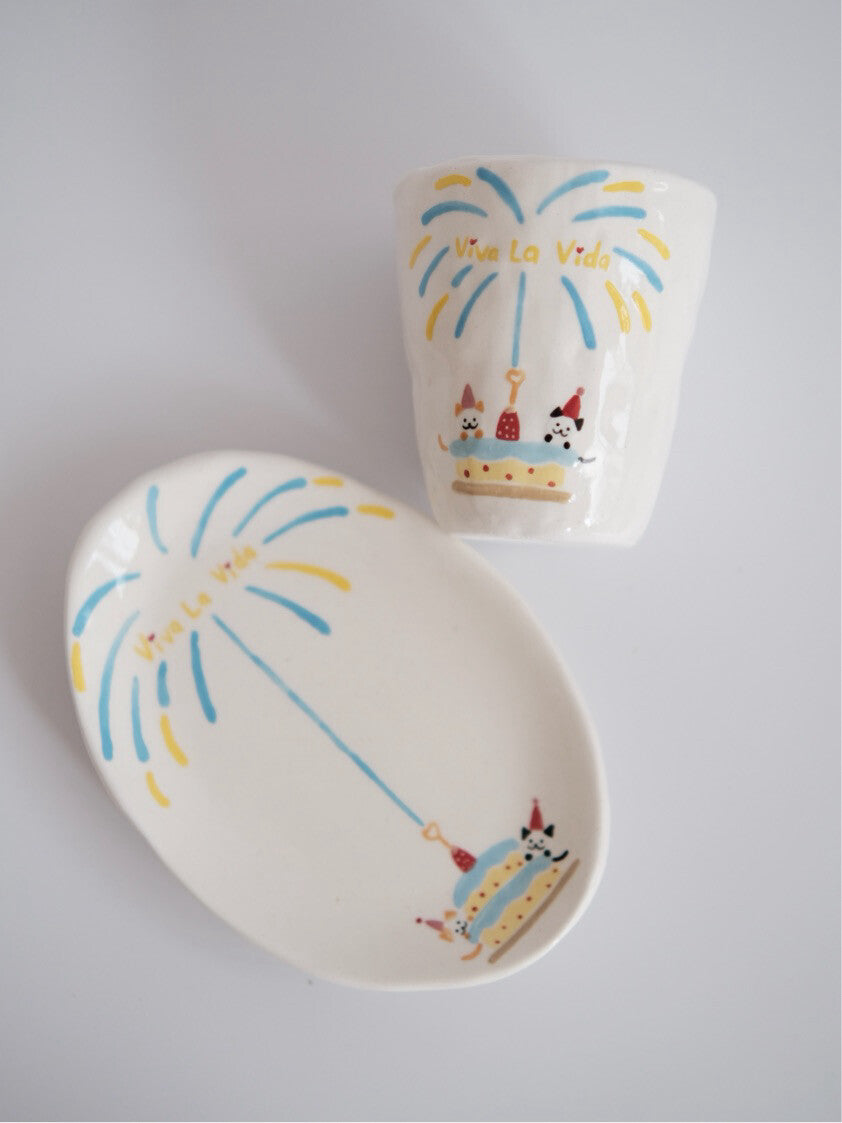 Fireworks Happy Birthday Kitten Ceramic Plate