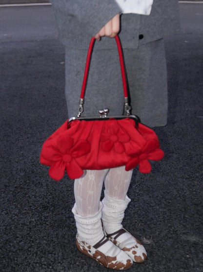 Floral Appliqué Kiss Lock Shoulder Bag