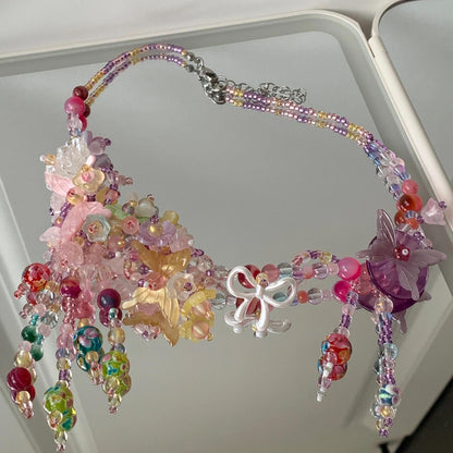 Floral Bloom Maximalist Beaded Tassel Necklace