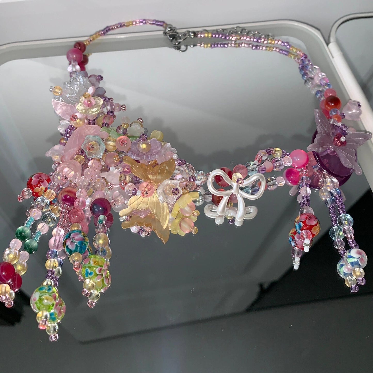 Floral Bloom Maximalist Beaded Tassel Necklace
