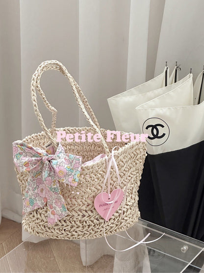 Floral Bow Handwoven Straw Bag