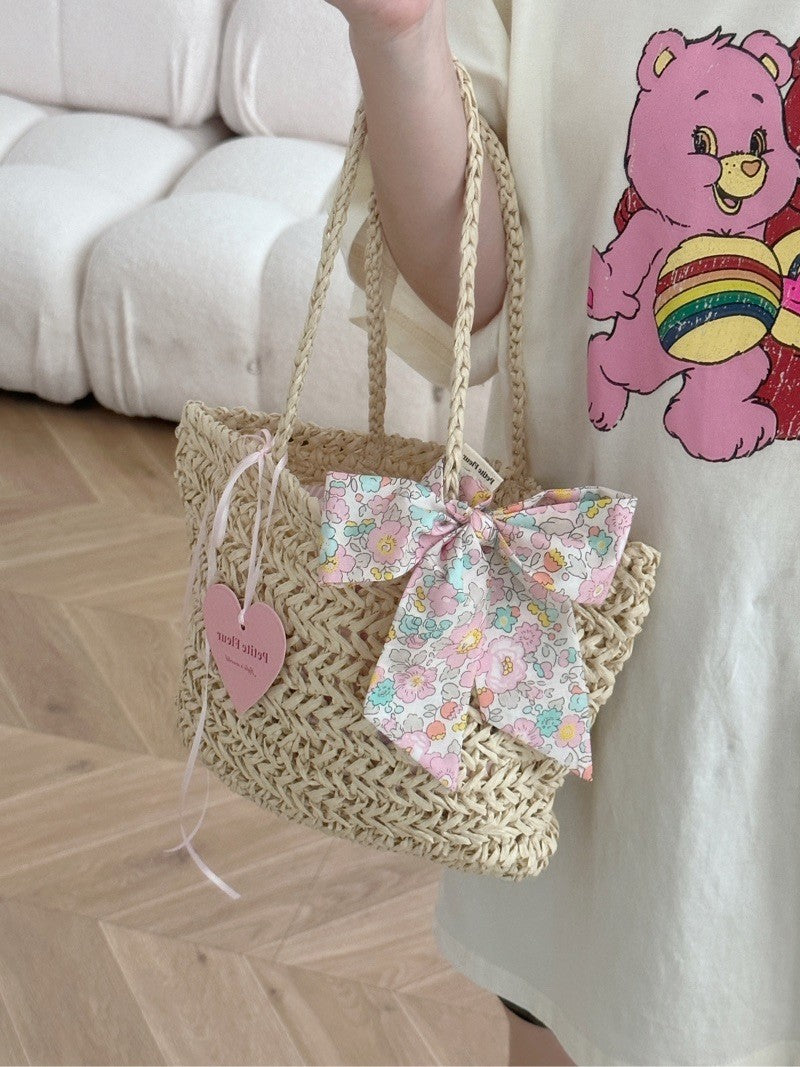 Floral Bow Handwoven Straw Bag