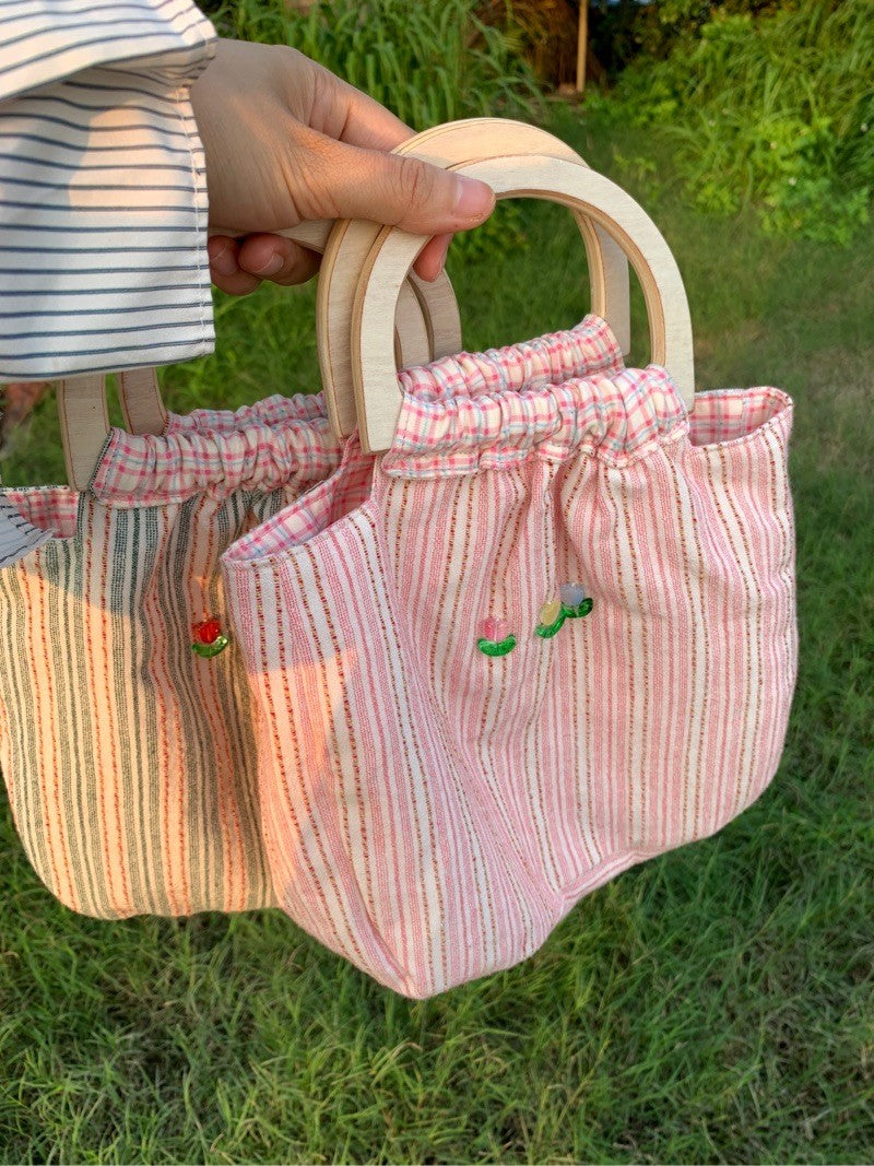 Floral Garden Stripes Wooden Handle Handbag