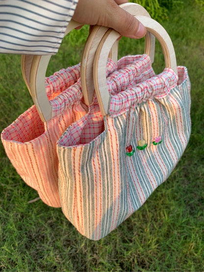 Floral Garden Stripes Wooden Handle Handbag