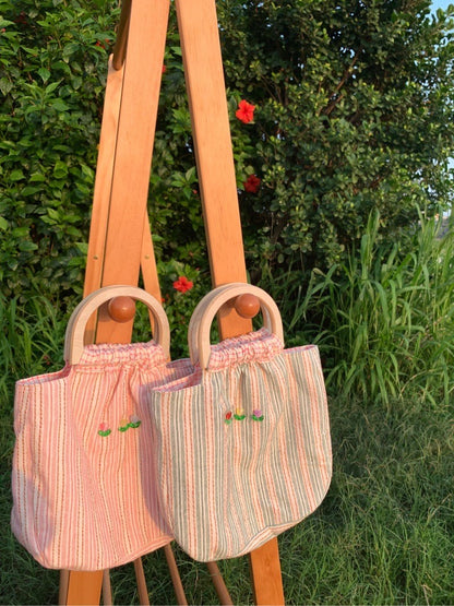 Floral Garden Stripes Wooden Handle Handbag