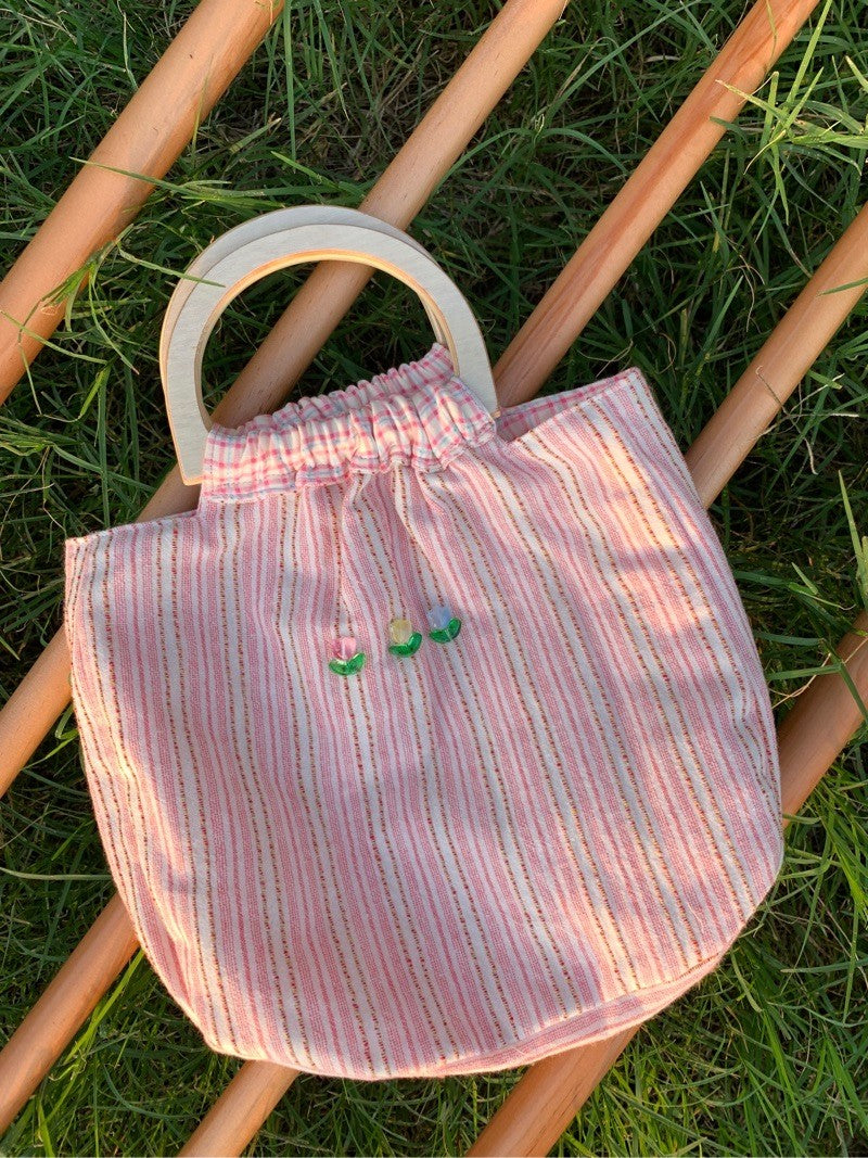 Floral Garden Stripes Wooden Handle Handbag