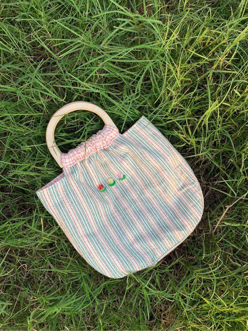 Floral Garden Stripes Wooden Handle Handbag