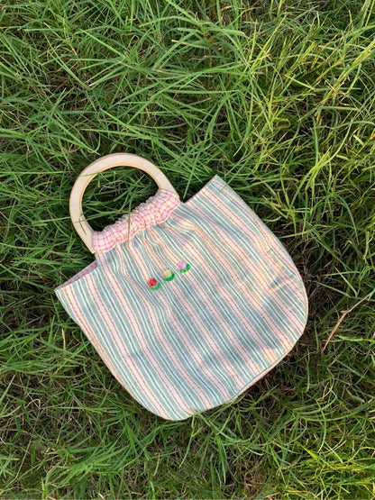 Floral Garden Stripes Wooden Handle Handbag
