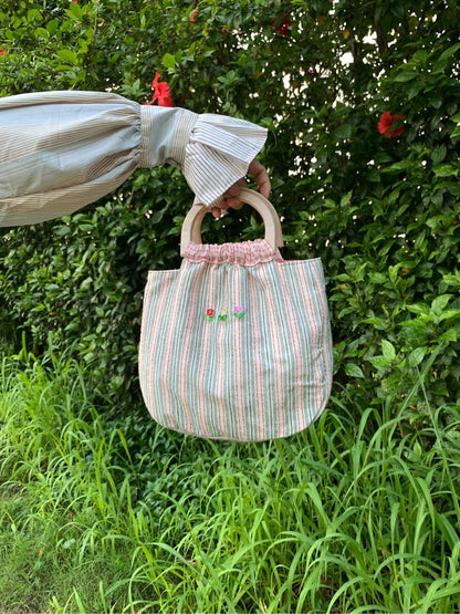 Floral Garden Stripes Wooden Handle Handbag