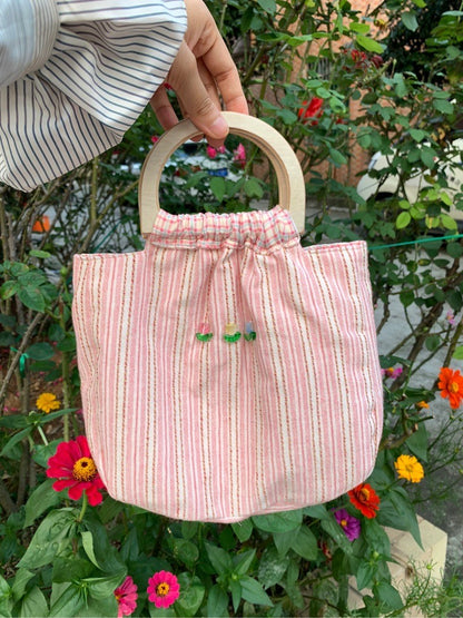 Floral Garden Stripes Wooden Handle Handbag
