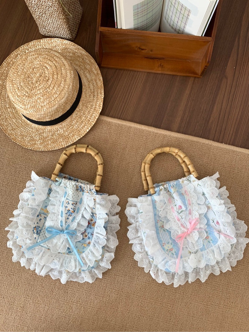 Floral Printed Lace Bamboo Handle Handbag