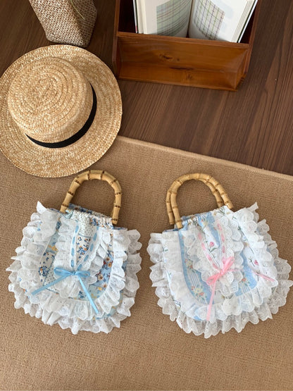 Floral Printed Lace Bamboo Handle Handbag