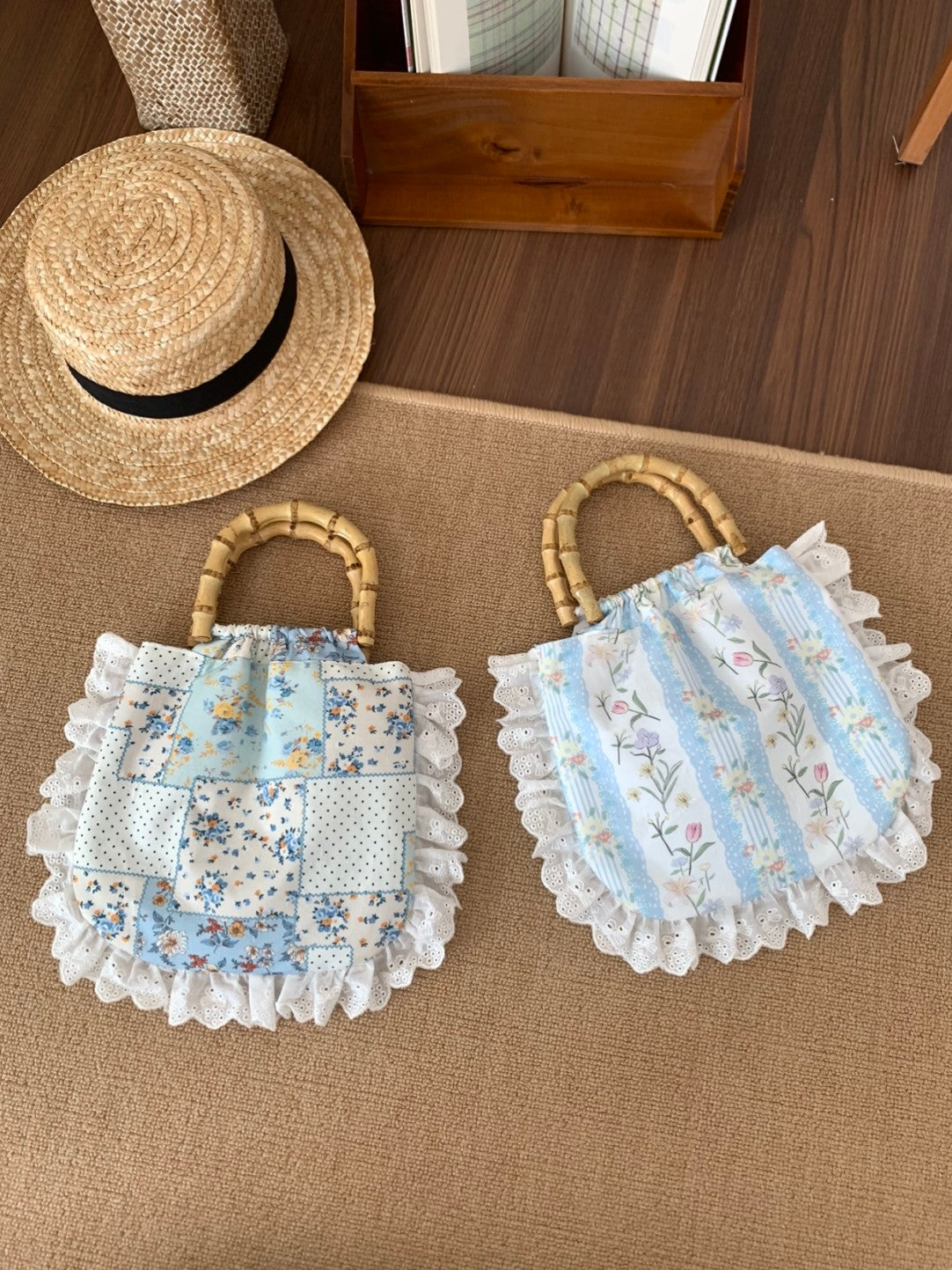 Floral Printed Lace Bamboo Handle Handbag