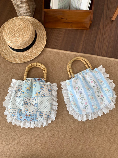 Floral Printed Lace Bamboo Handle Handbag