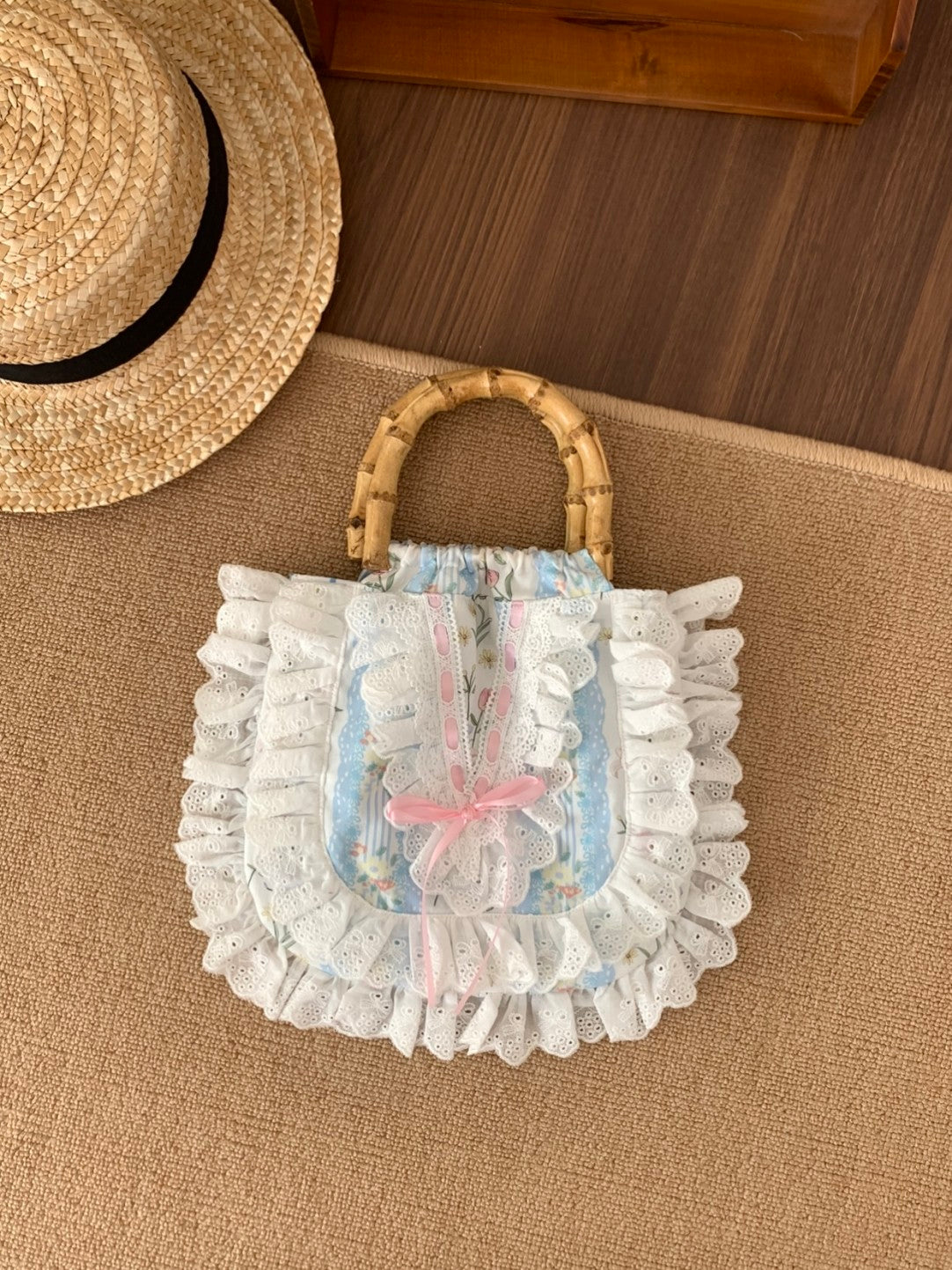 Floral Printed Lace Bamboo Handle Handbag