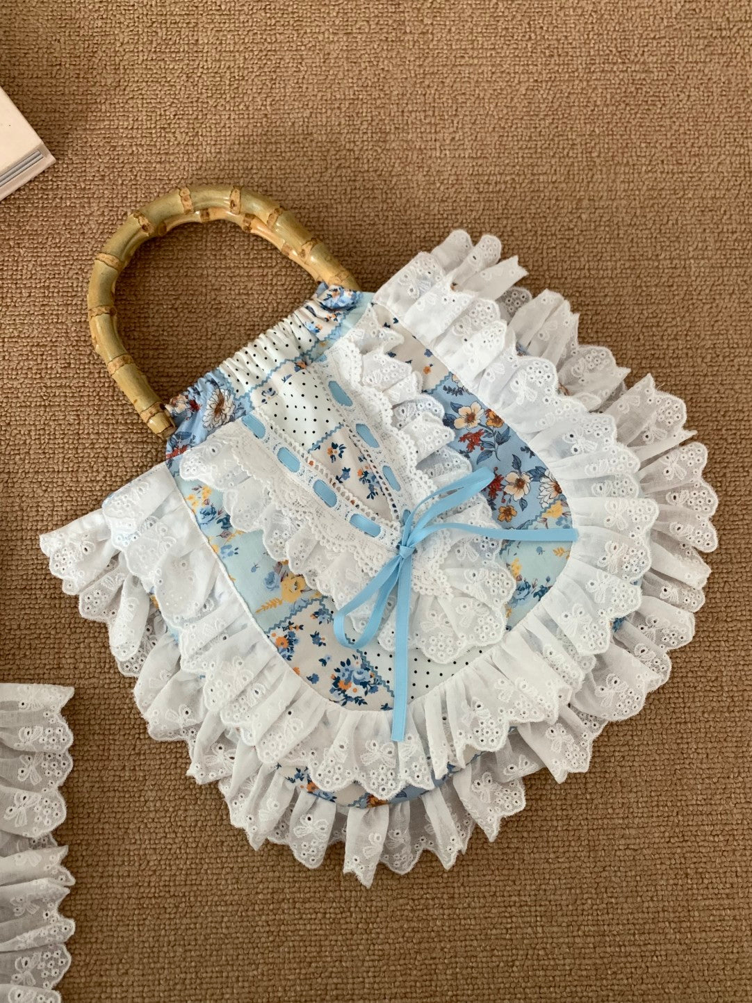 Floral Printed Lace Bamboo Handle Handbag