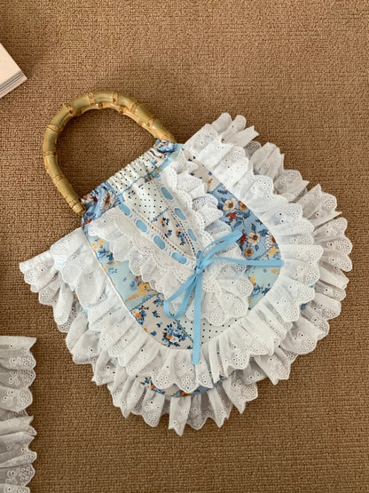 Floral Printed Lace Bamboo Handle Handbag