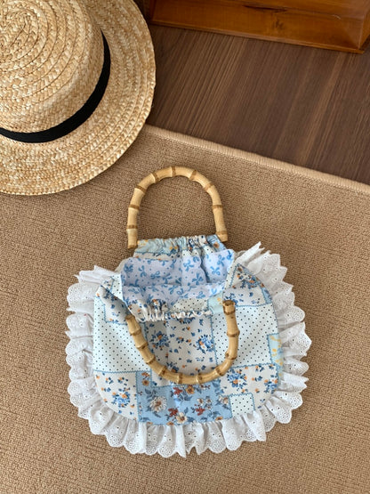 Floral Printed Lace Bamboo Handle Handbag