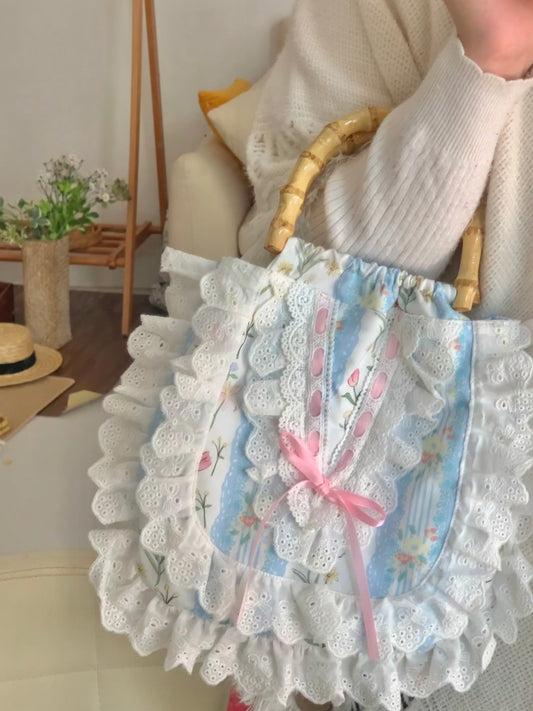 Floral Printed Lace Bamboo Handle Handbag