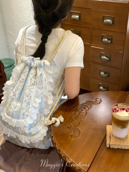 Floral Printed Lace Drawstring Backpack