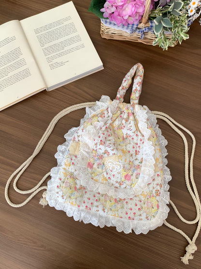 Floral Printed Lace Drawstring Backpack