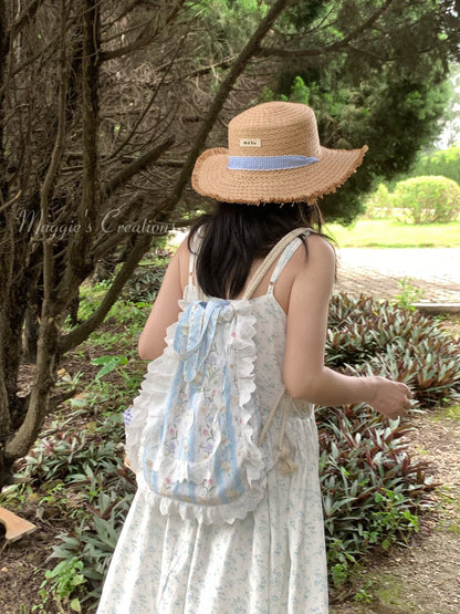 Floral Printed Lace Drawstring Backpack