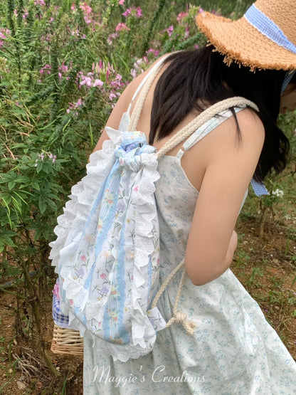 Floral Printed Lace Drawstring Backpack
