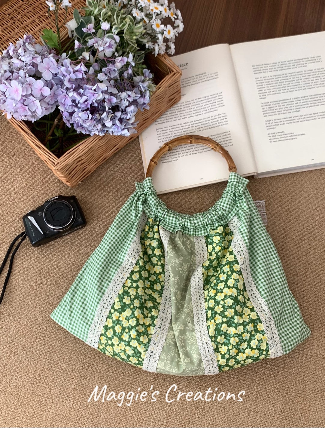 Floral Printed Lace Forest Bamboo Handle Handbag