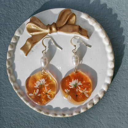 Flower Amber Resin Pearl Earrings