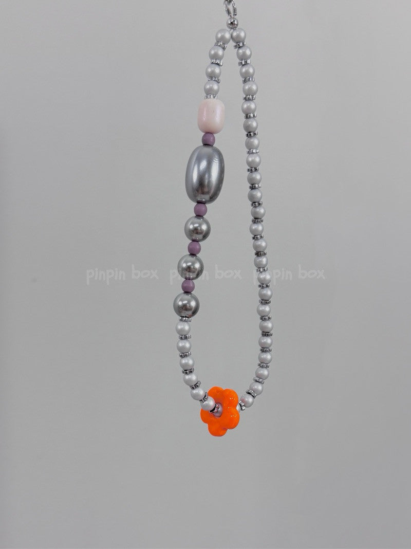 Flower Beaded Silver Phone Strap