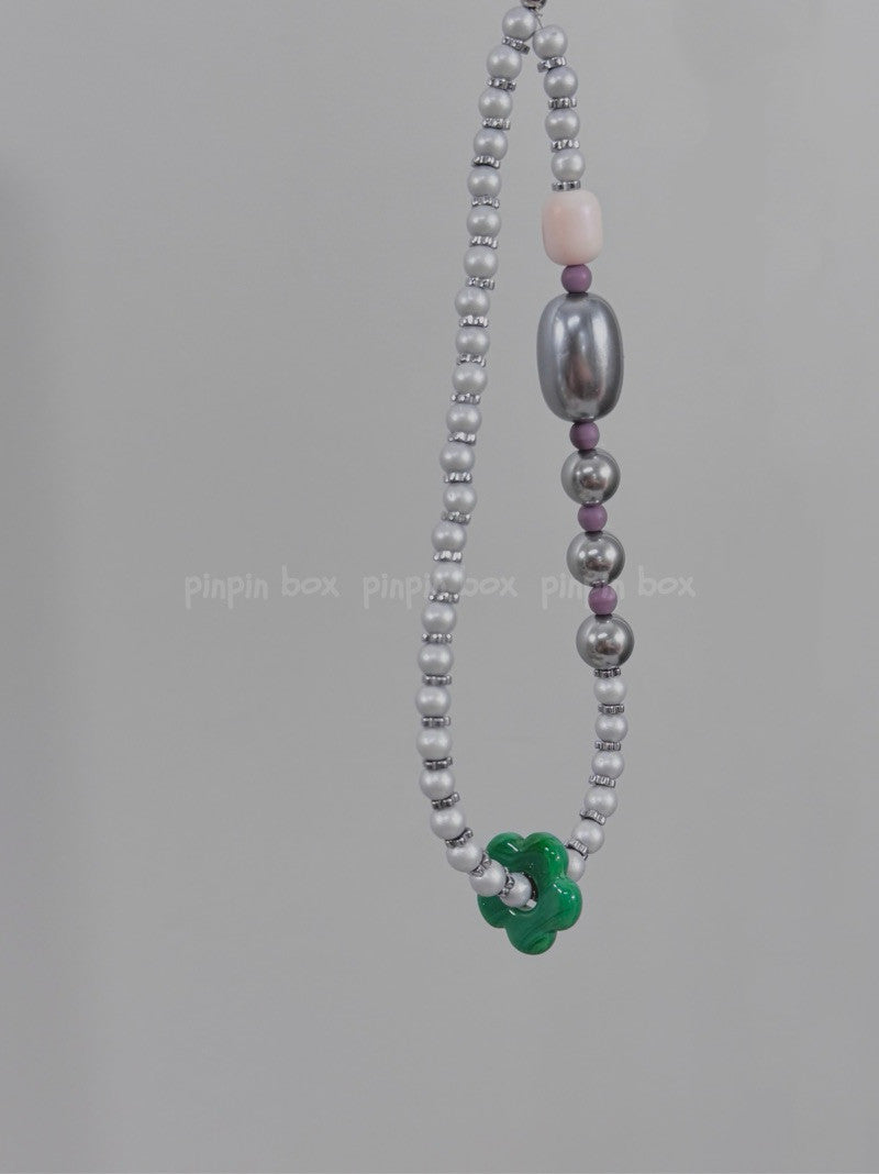 Flower Beaded Silver Phone Strap