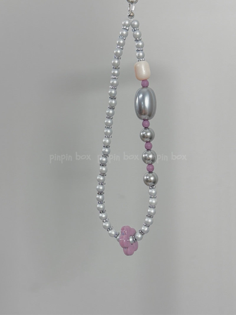 Flower Beaded Silver Phone Strap
