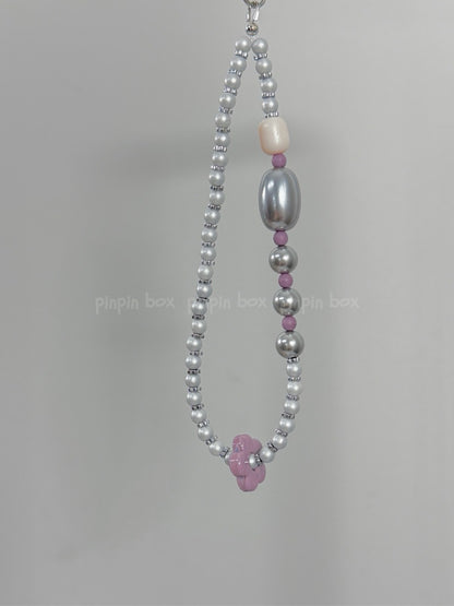 Flower Beaded Silver Phone Strap