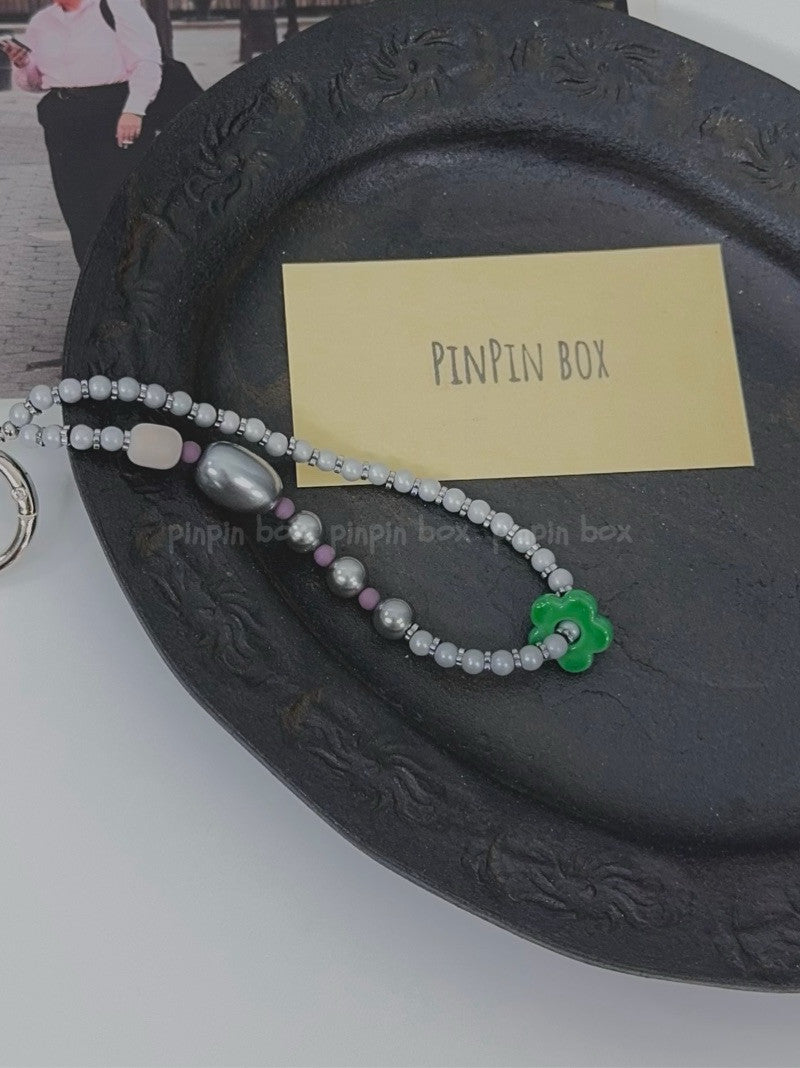 Flower Beaded Silver Phone Strap