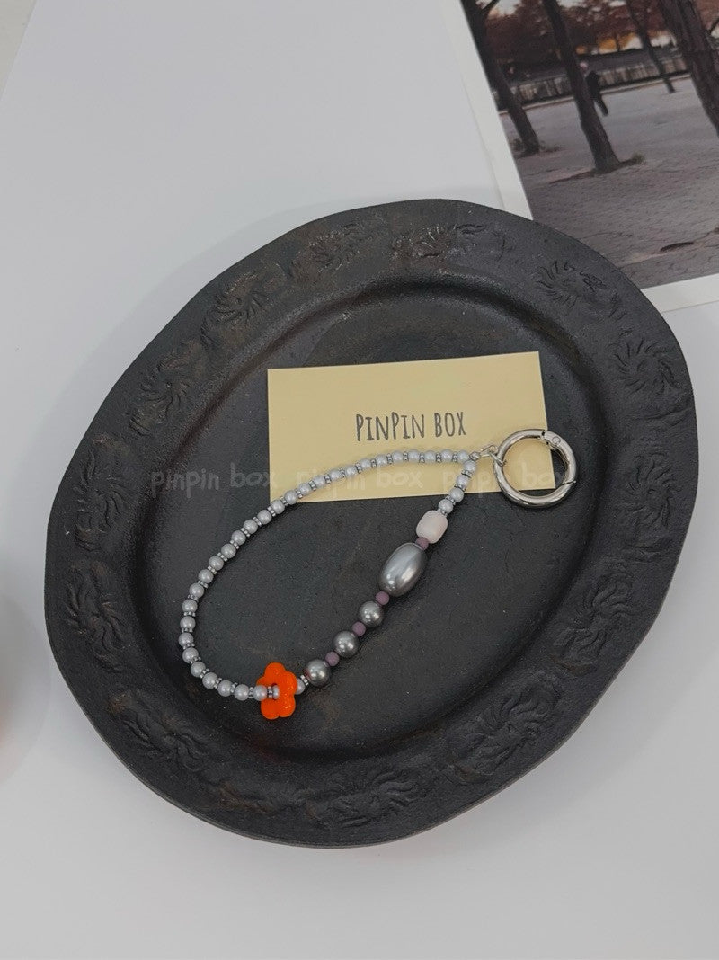 Flower Beaded Silver Phone Strap