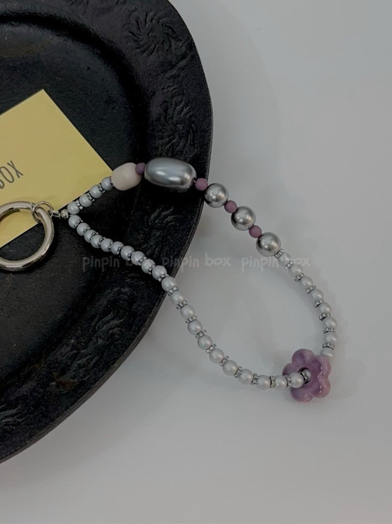Flower Beaded Silver Phone Strap