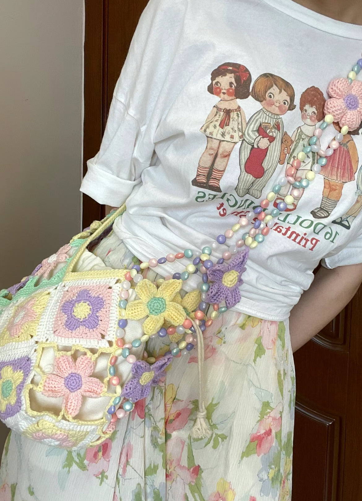 Flower Hollow Beaded Crossbody Bag