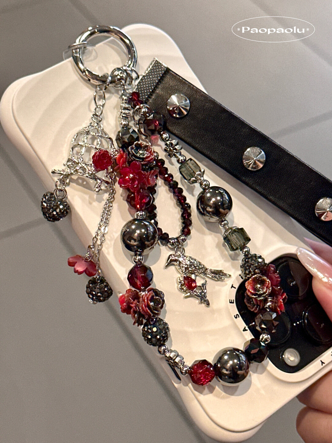 Forbidden Red Black Studded Leather Beaded Phone Charm