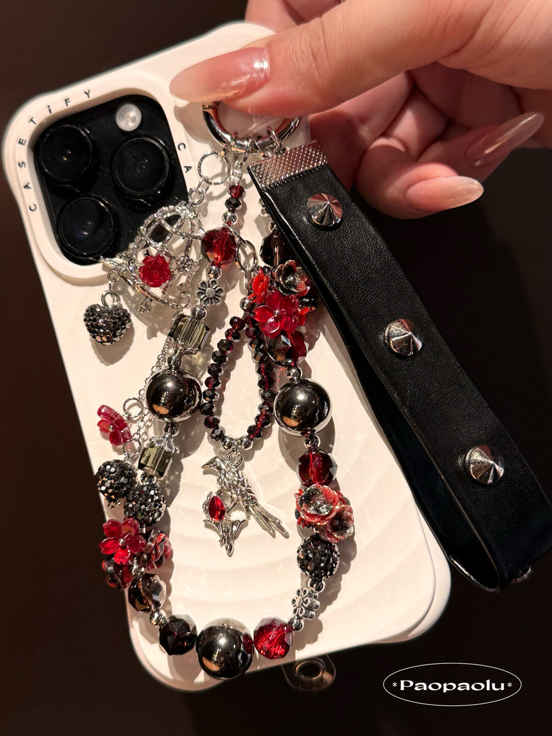 Forbidden Red Black Studded Leather Beaded Phone Charm