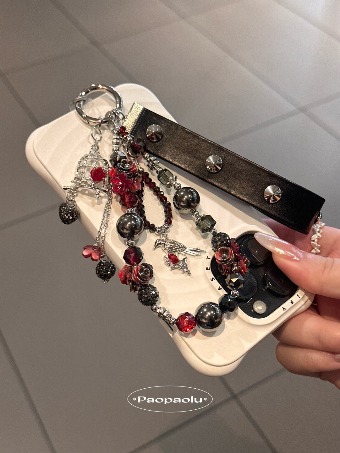Forbidden Red Black Studded Leather Beaded Phone Charm