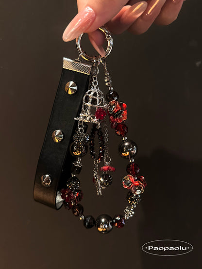 Forbidden Red Black Studded Leather Beaded Phone Charm