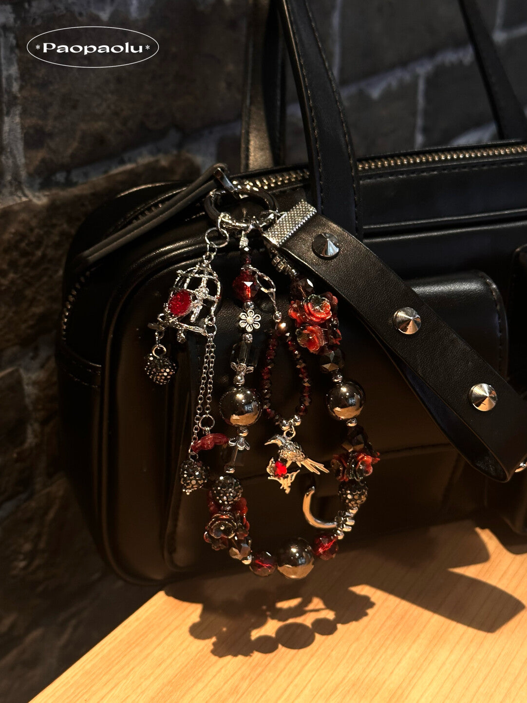 Forbidden Red Black Studded Leather Beaded Phone Charm