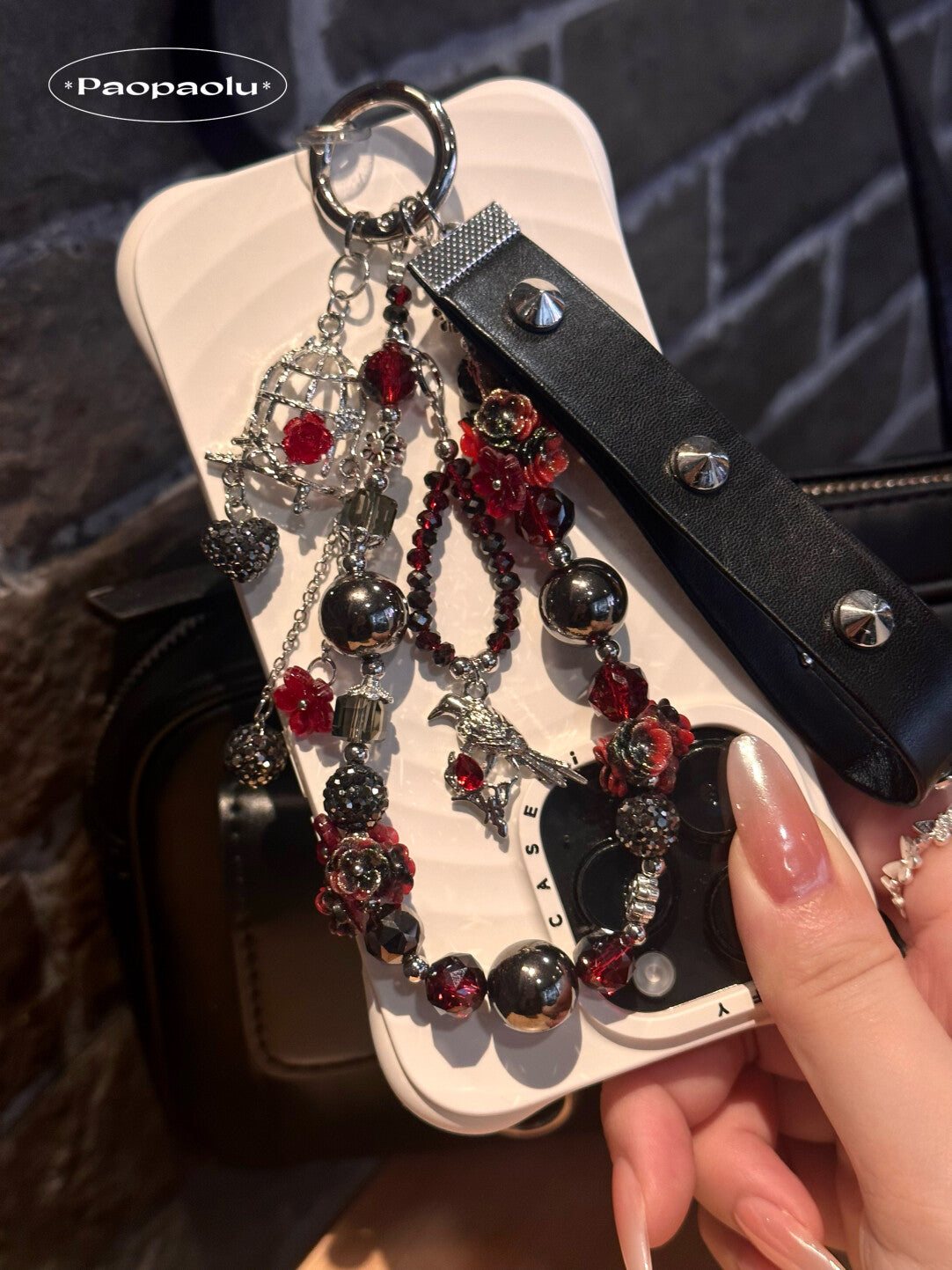 Forbidden Red Black Studded Leather Beaded Phone Charm