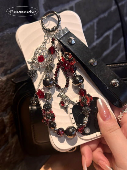 Forbidden Red Black Studded Leather Beaded Phone Charm