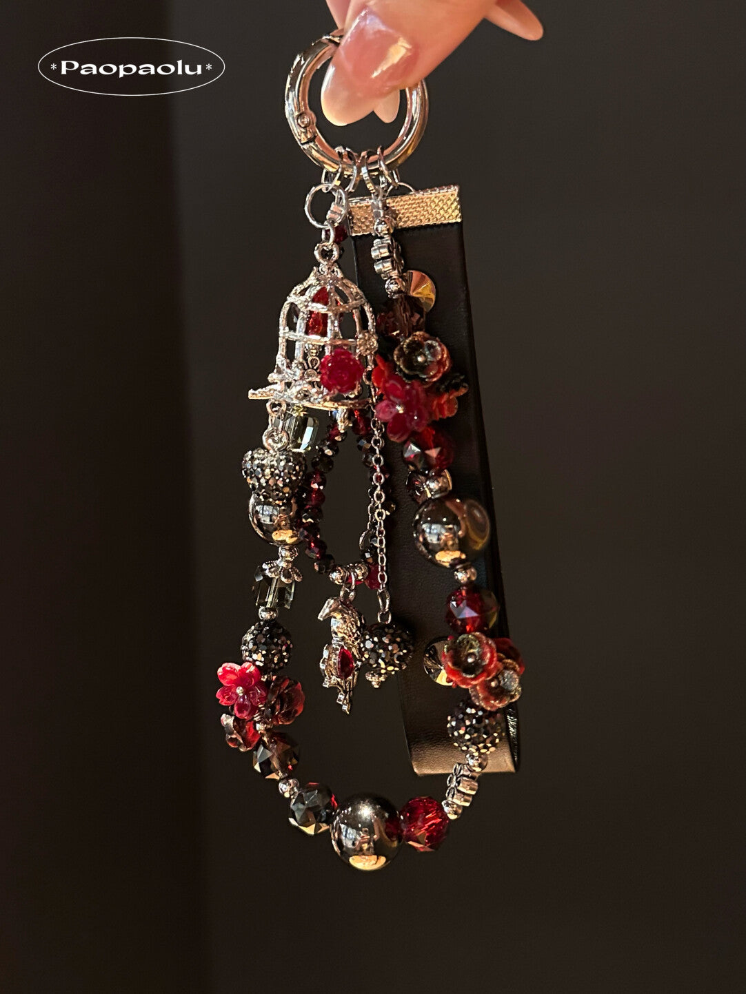 Forbidden Red Black Studded Leather Beaded Phone Charm