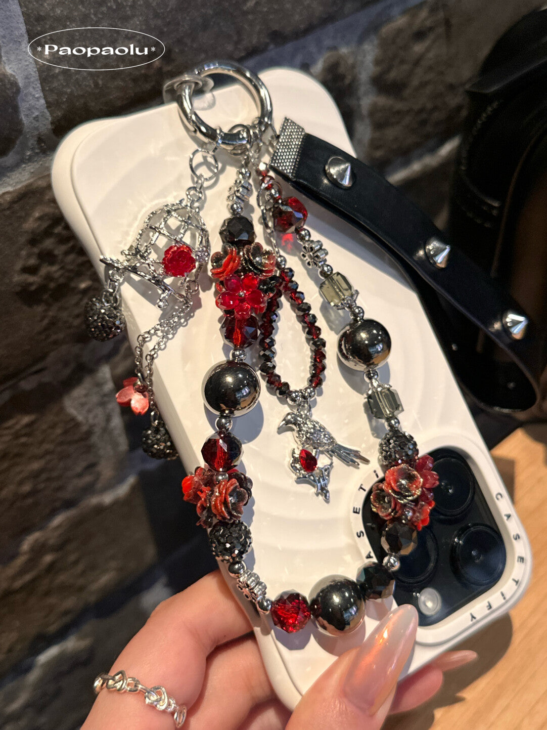 Forbidden Red Black Studded Leather Beaded Phone Charm
