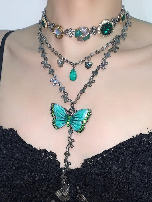 Forest Butterfly Pendant Layered Choker Necklace